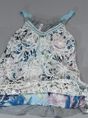 Women's Crochet Sleeveless Knit Floral Overlay Tank Top with Blue Straps